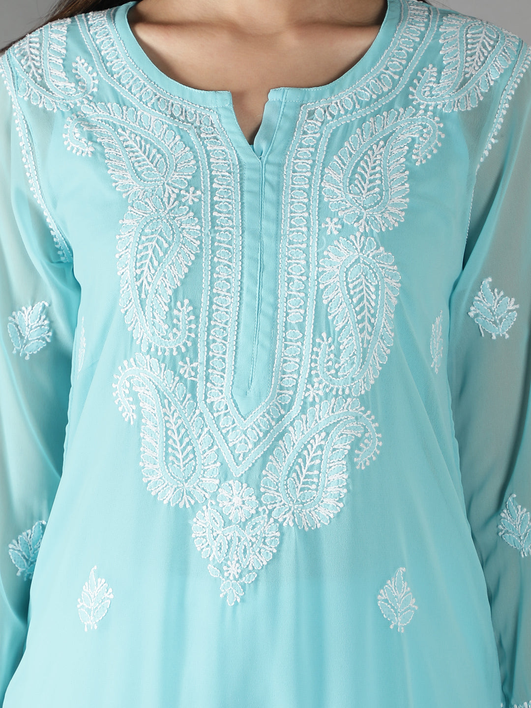 Blue Georgette Chikan Kurta & Matching Slip