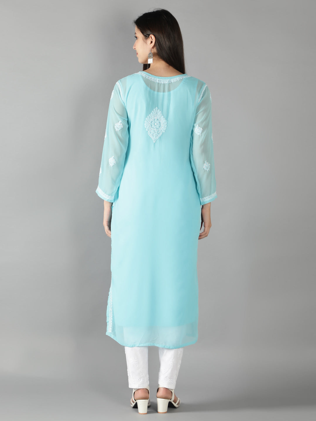 Blue Georgette Chikan Kurta & Matching Slip