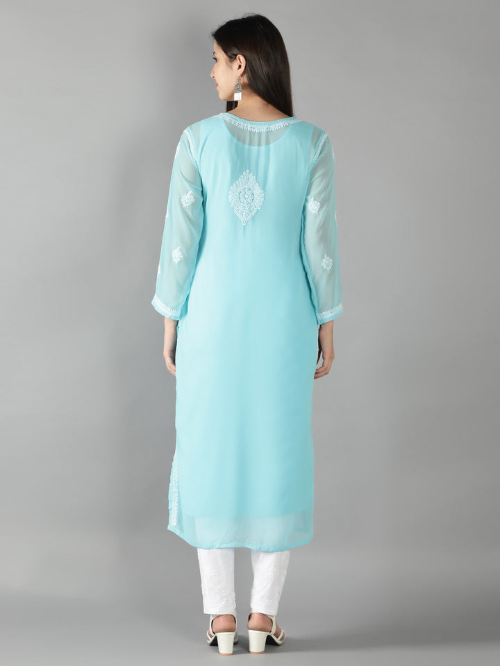 Blue Georgette Chikan Kurta & Matching Slip