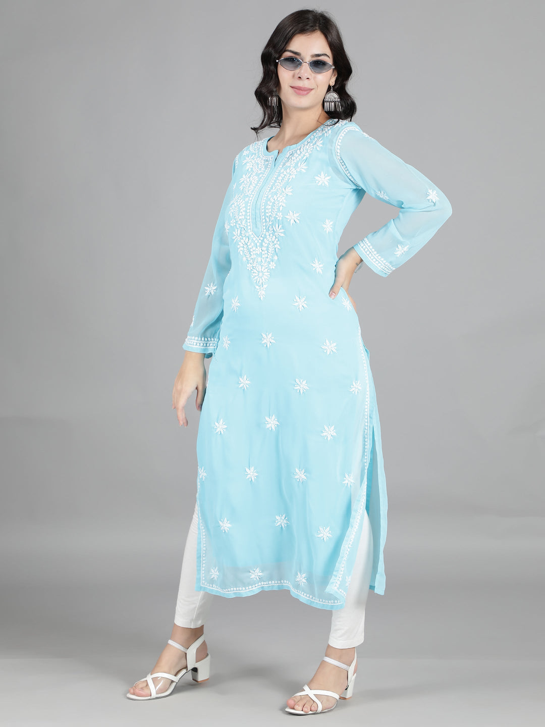 Blue Georgette Chikan Kurta with Inner Slip