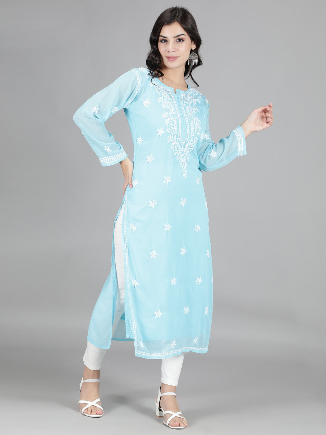 Blue Georgette Chikan Kurta with Inner Slip