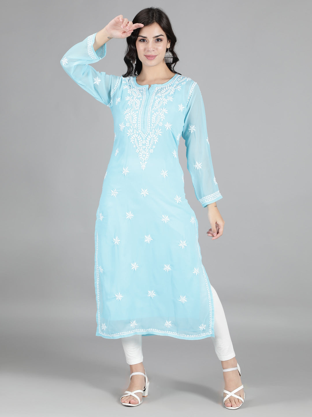 Blue Georgette Chikan Kurta with Inner Slip