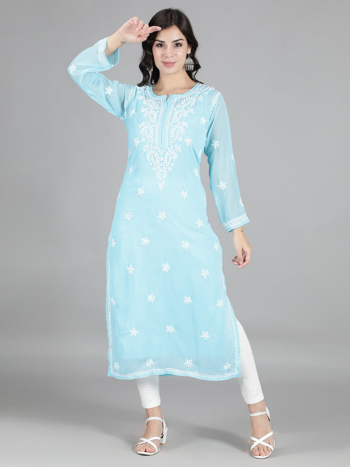 Blue Georgette Chikan Kurta with Inner Slip