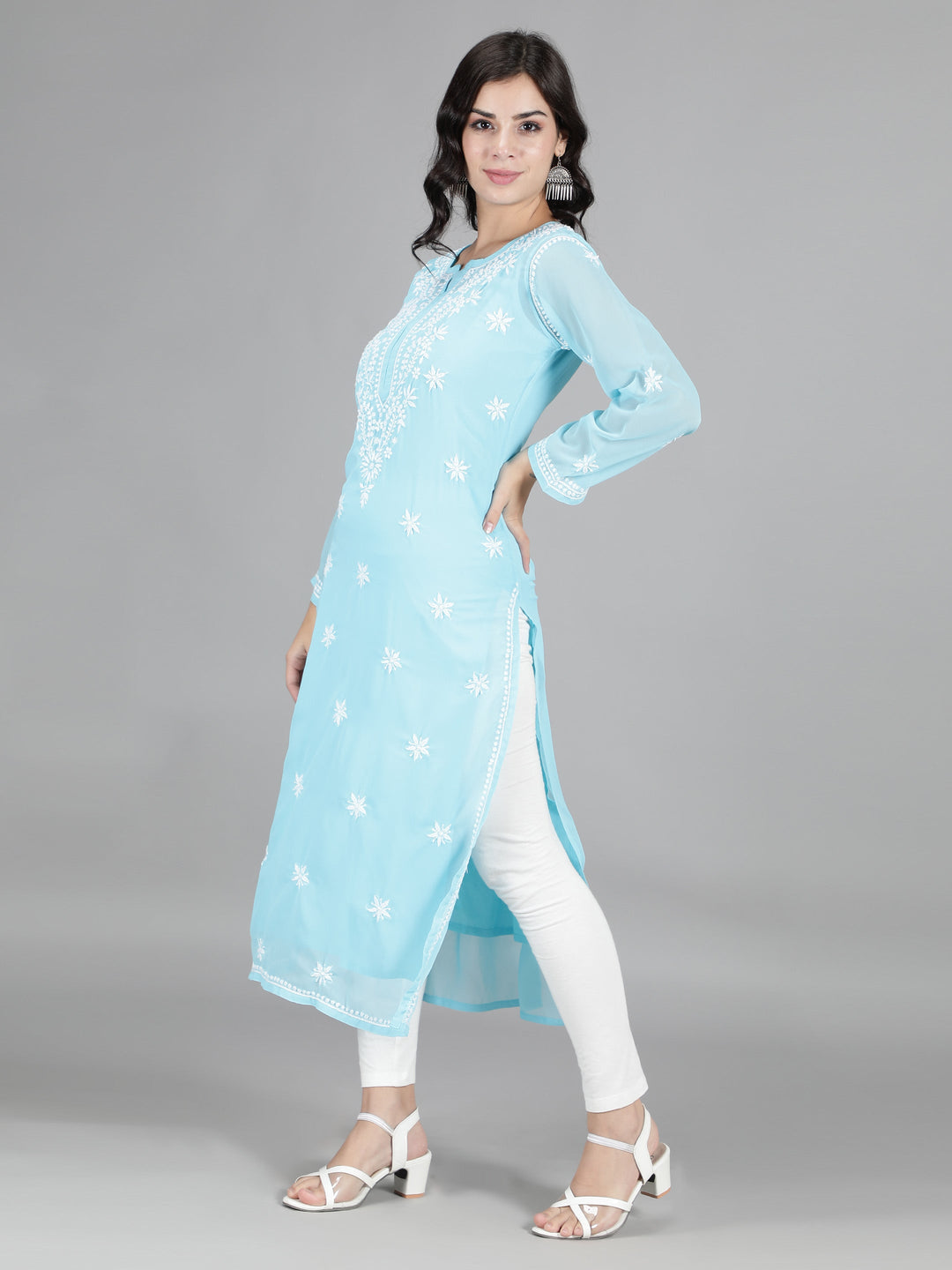 Blue Georgette Chikan Kurta with Inner Slip