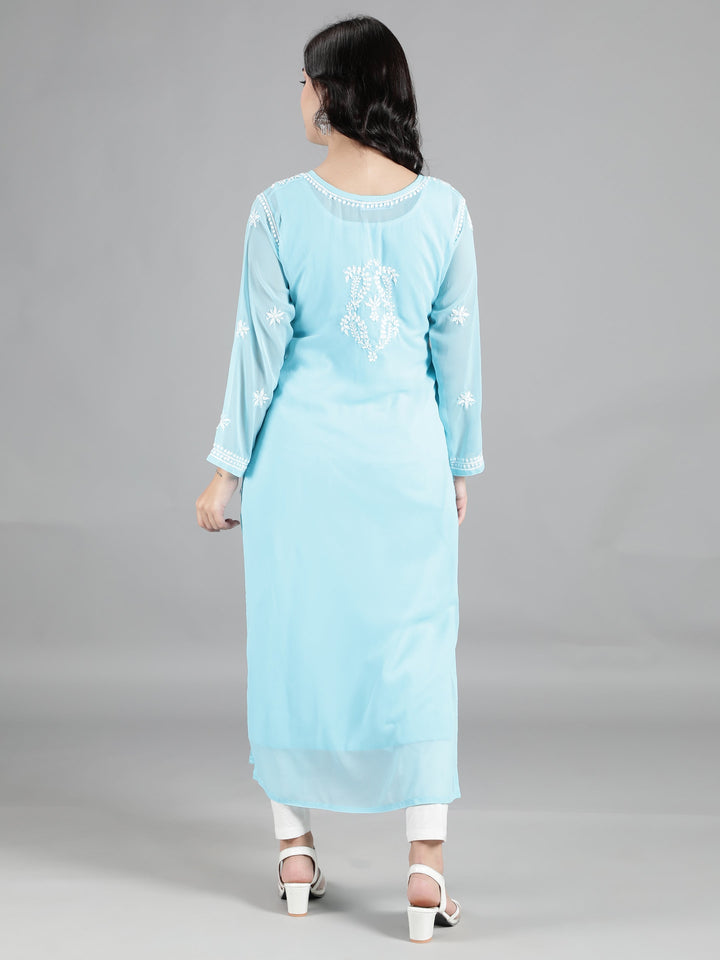 Blue Georgette Chikan Kurta with Inner Slip