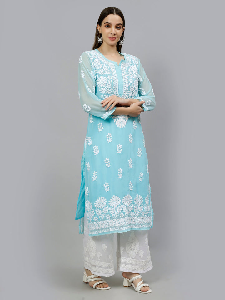 Blue-Georgette-Embroidered-Lucknowi-Chikankari-Kurta-with-Slip
