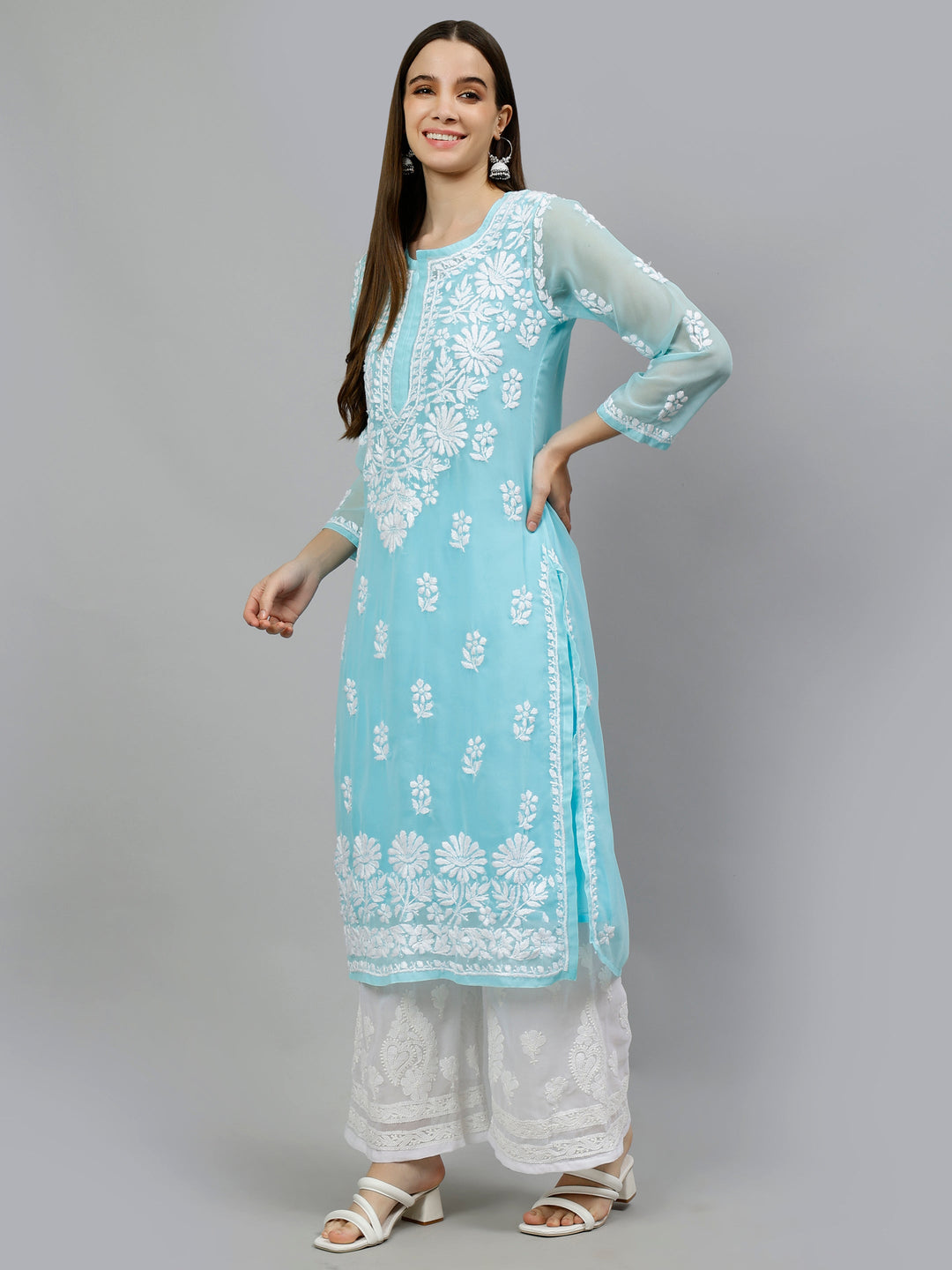 Blue-Georgette-Embroidered-Lucknowi-Chikankari-Kurta-with-Slip
