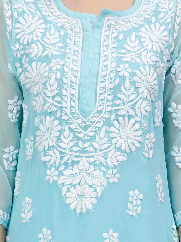 Blue-Georgette-Embroidered-Lucknowi-Chikankari-Kurta-with-Slip