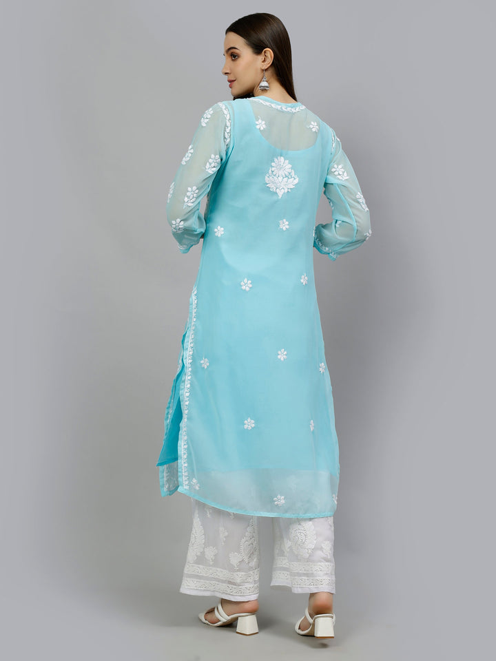 Blue-Georgette-Embroidered-Lucknowi-Chikankari-Kurta-with-Slip
