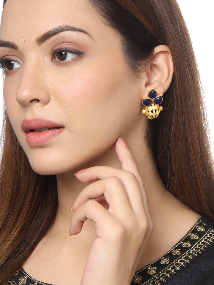 Blue-Gold-Matte-Brass-Stud-Earrings