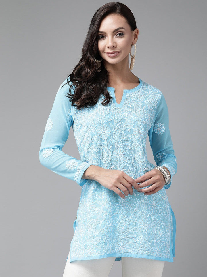 Blue-Straight-Chikan-Kurti-Only