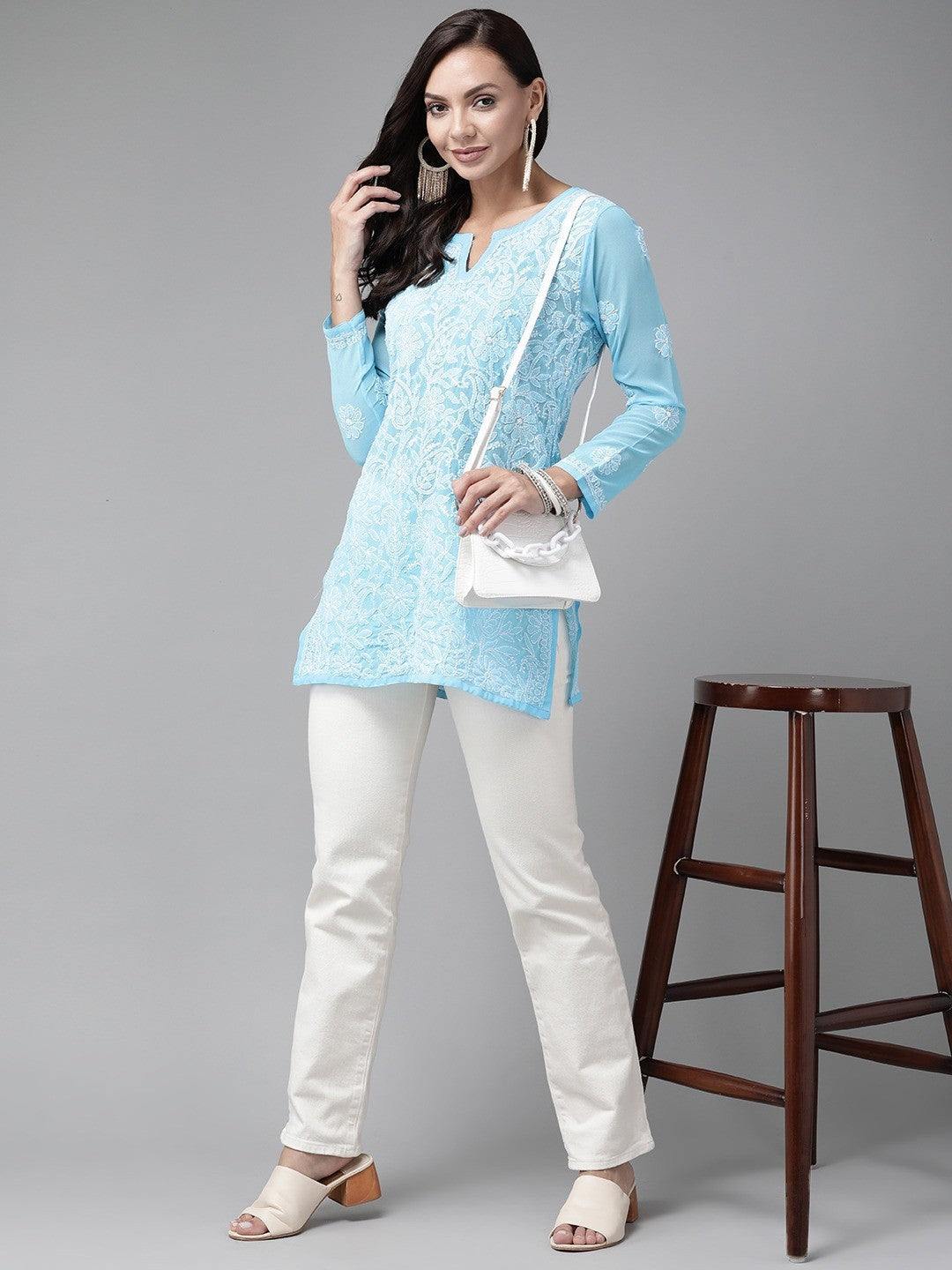 Blue-Straight-Chikan-Kurti-Only