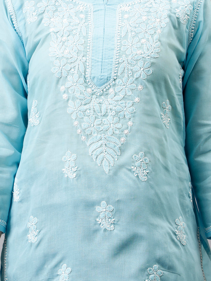 Blue Terivoil Cotton Embroidered Chikankari Short Tunic