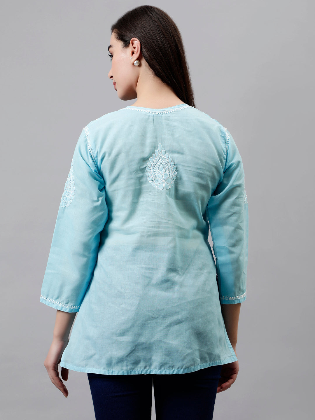 Blue Terivoil Cotton Embroidered Chikankari Short Tunic