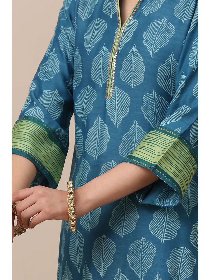 Blue & Green Silk Printed Kurta Suit & Dupatta