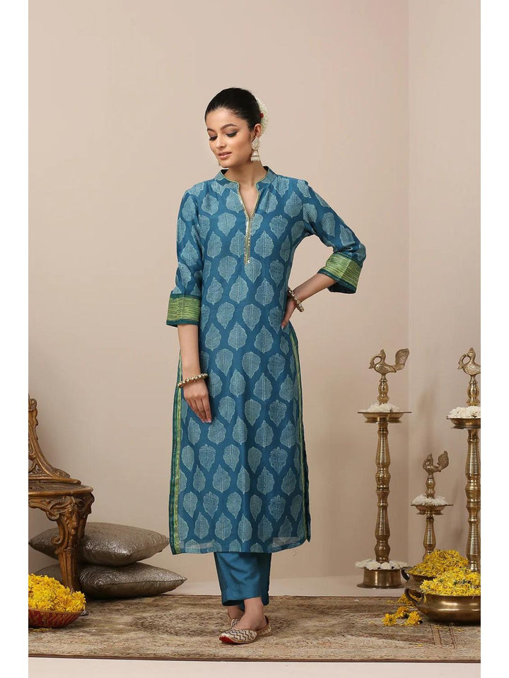 Blue & Green Silk Printed Kurta Suit & Dupatta