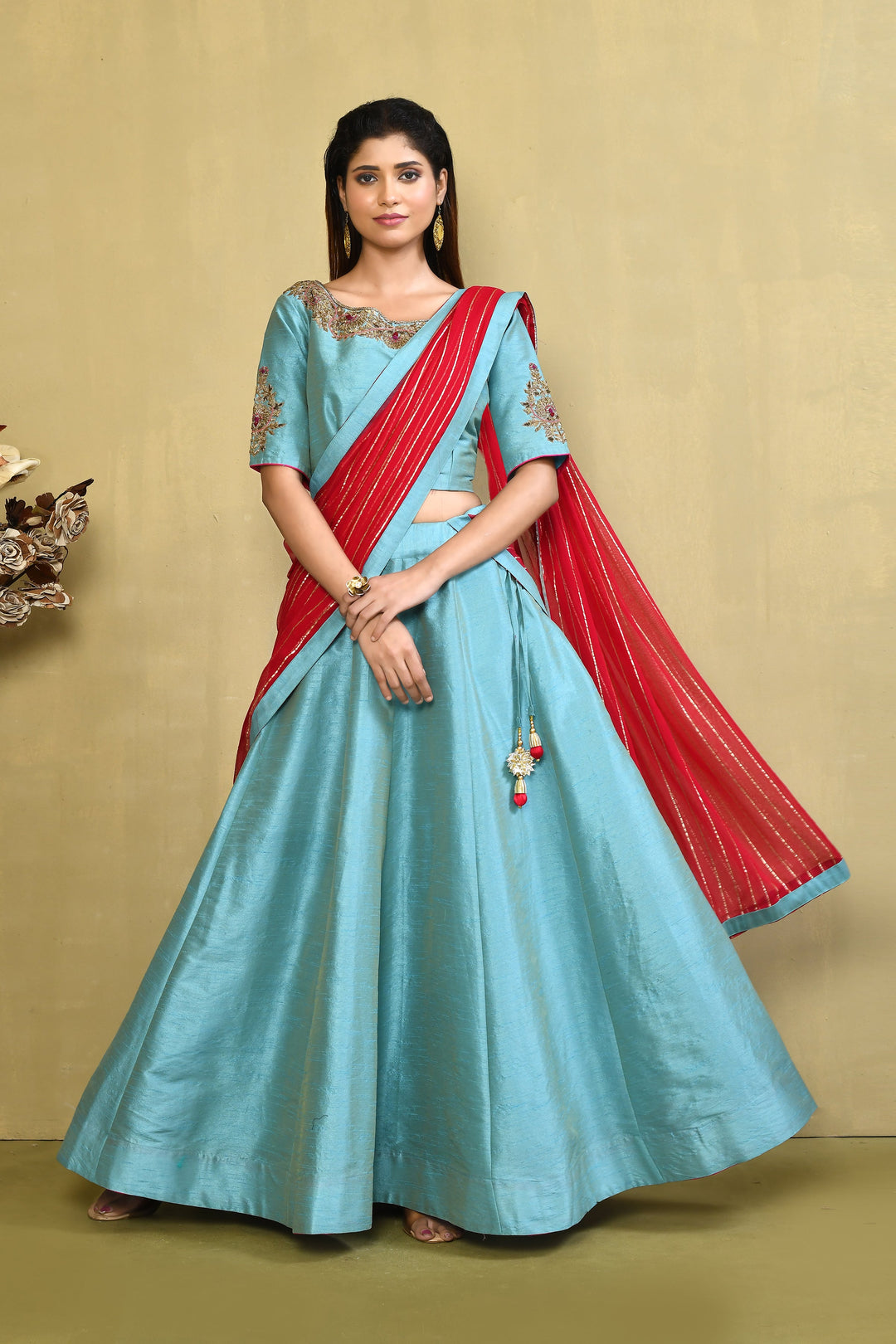 ZERESOUQ-Blue-&-Red-Pure-Cotton-Raw-Silk-Zardozi-Lehenga-Set