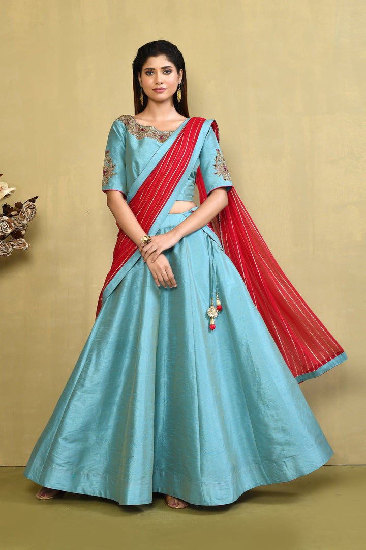 ZERESOUQ-Blue-&-Red-Pure-Cotton-Raw-Silk-Zardozi-Lehenga-Set