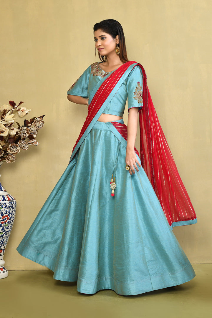 ZERESOUQ-Blue-&-Red-Pure-Cotton-Raw-Silk-Zardozi-Lehenga-Set