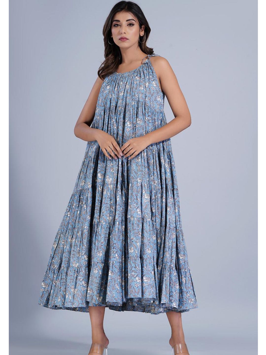Bluish Grey Strappy Tieable Dress in Six Tiers