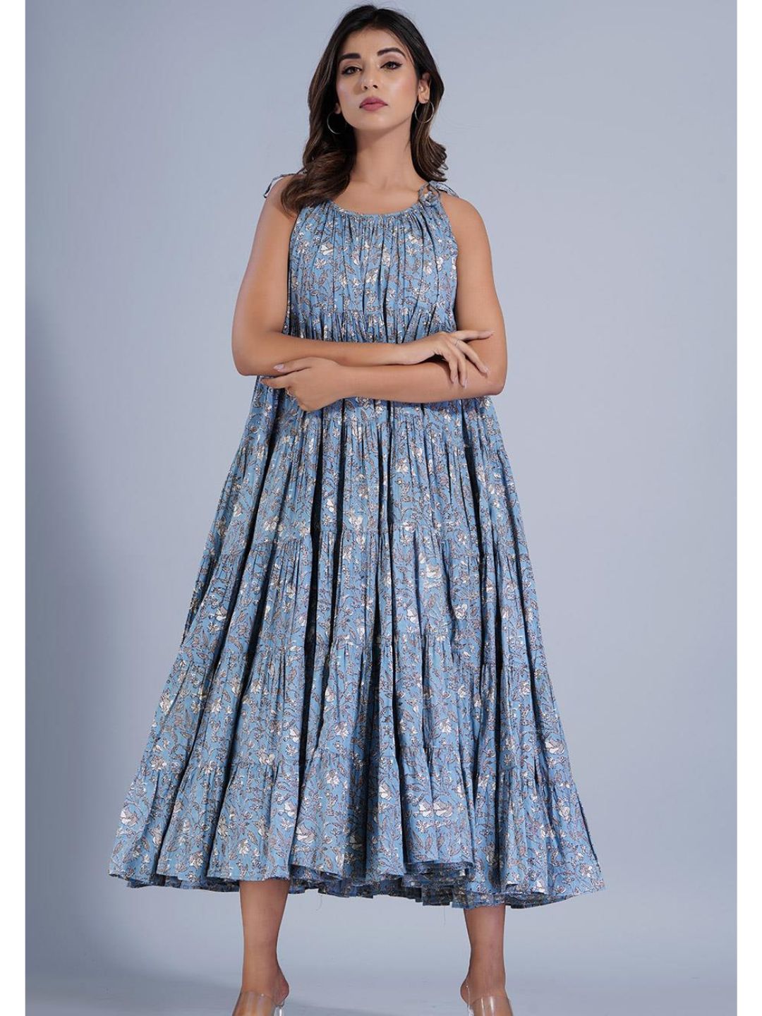 Bluish Grey Strappy Tieable Dress in Six Tiers