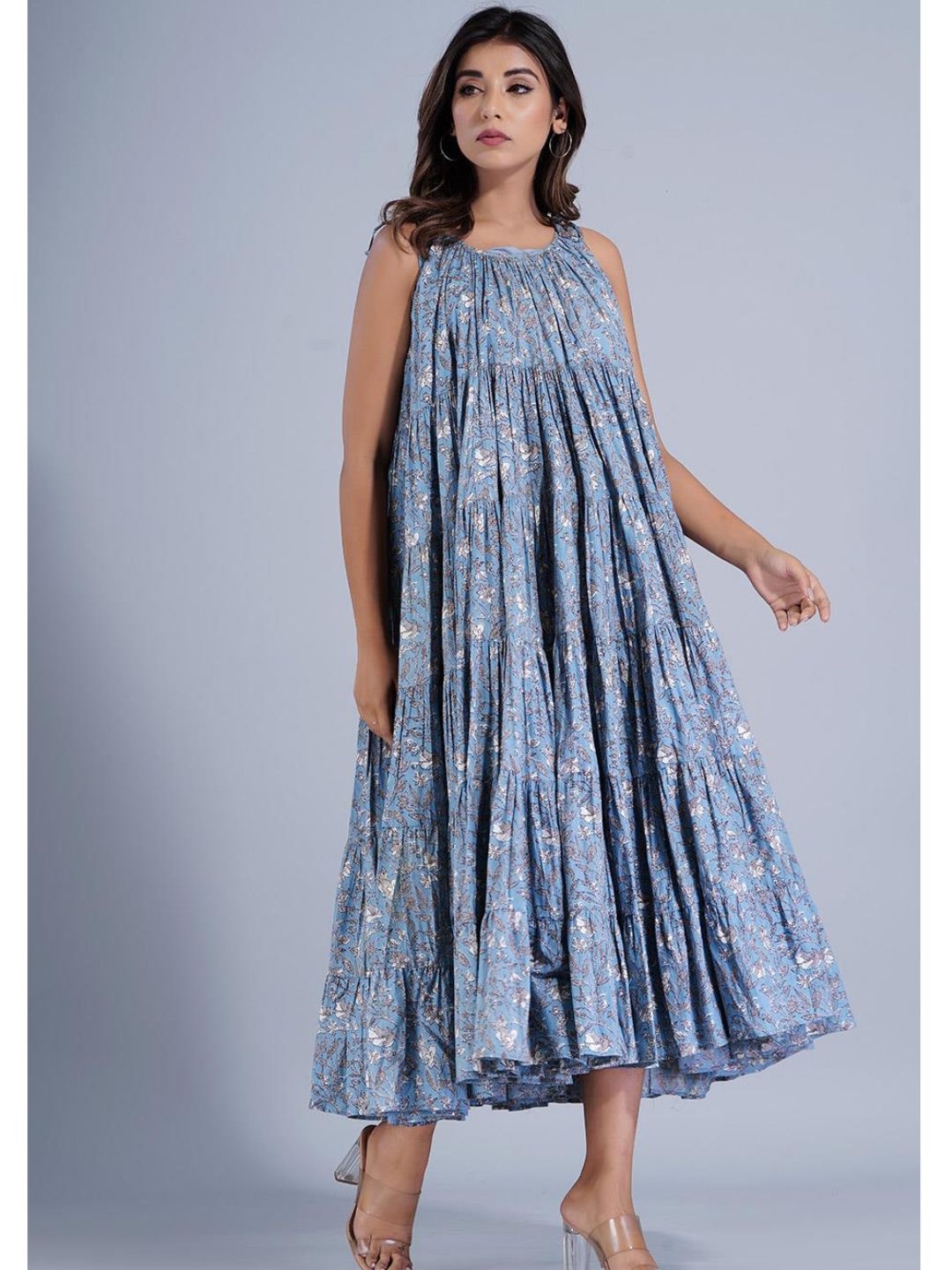 Bluish Grey Strappy Tieable Dress in Six Tiers