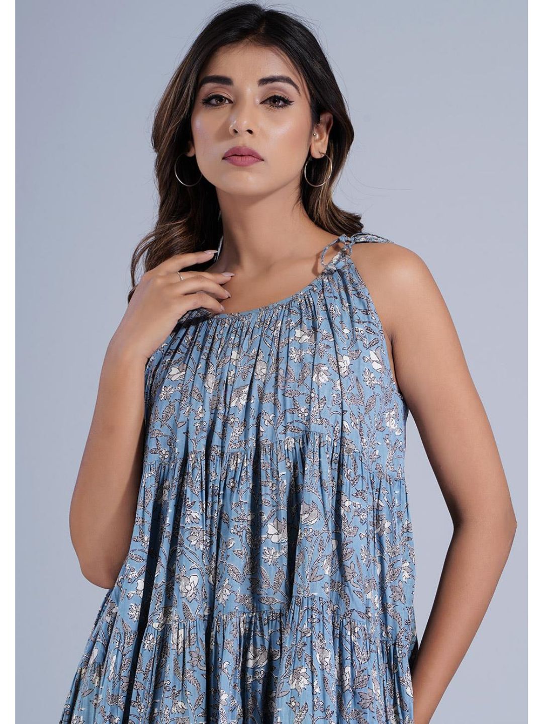 Bluish Grey Strappy Tieable Dress in Six Tiers