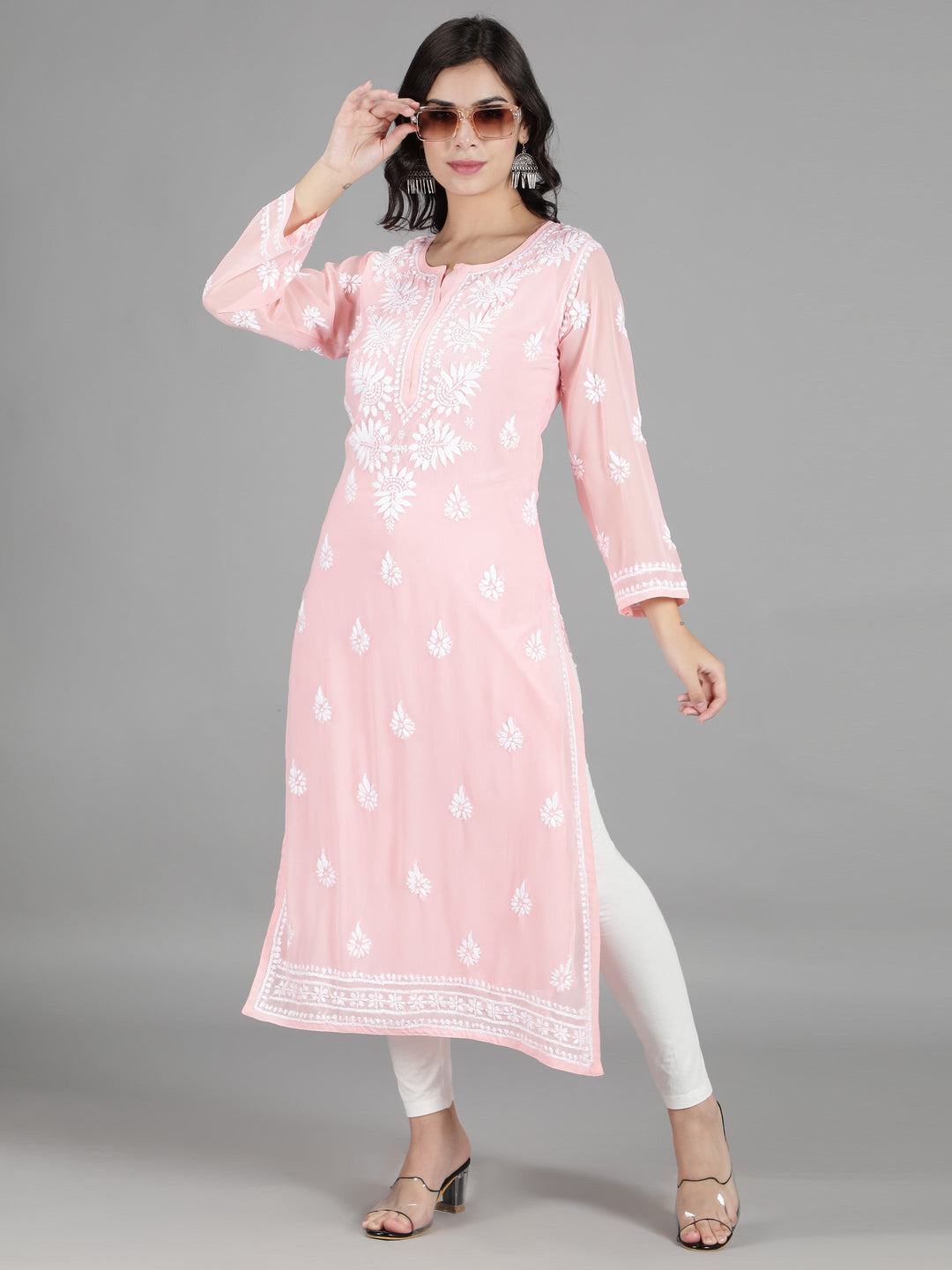 Blush Pink Georgette Chikan Kurta with Slip