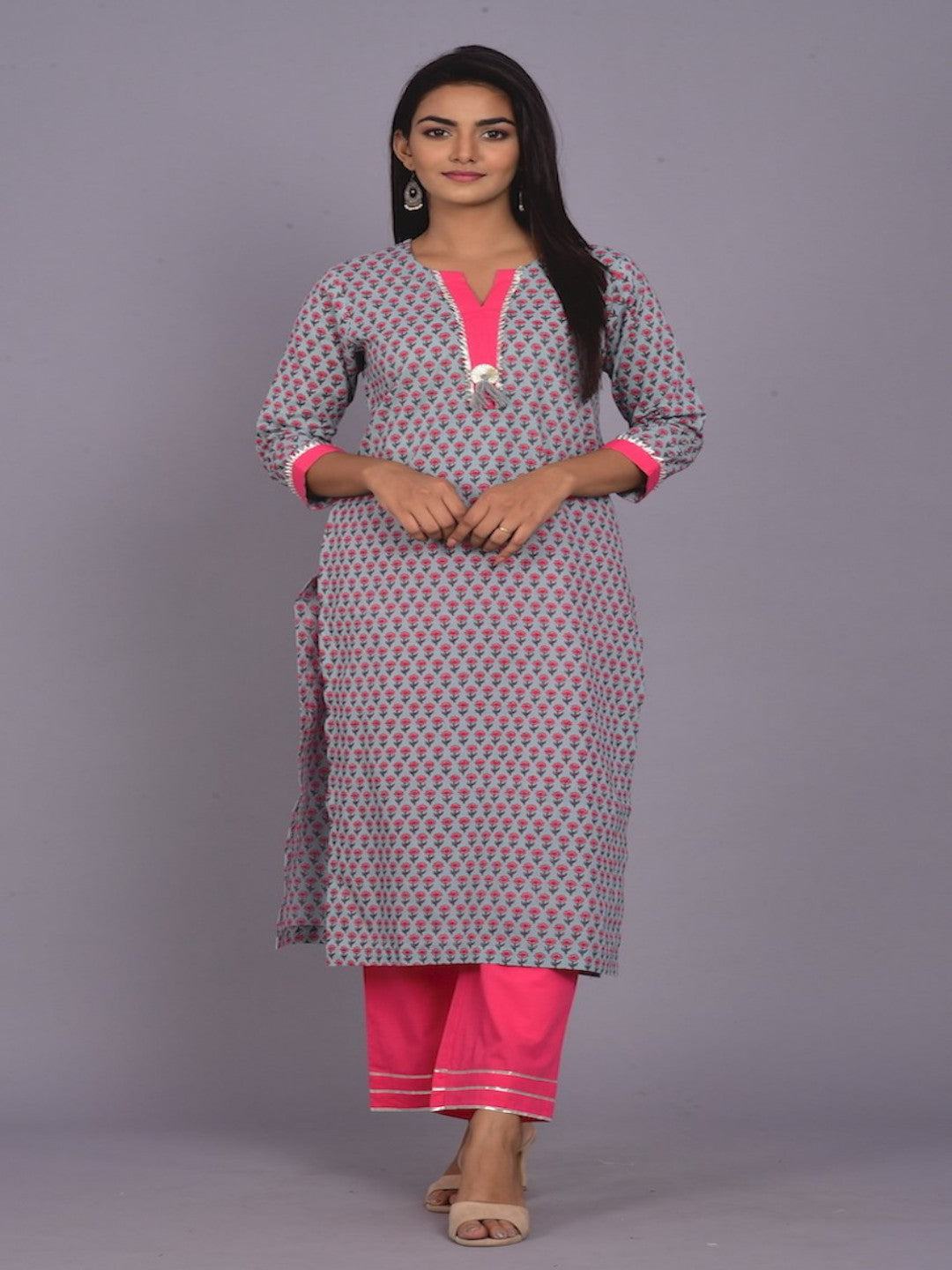 Booti Print Blue And Grey Kurta Pant Set