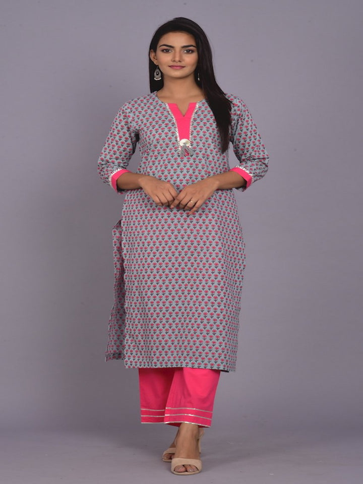 Booti Print Blue And Grey Kurta Pant Set