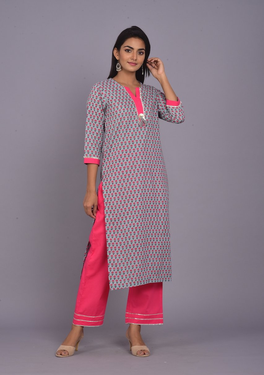 Booti Print Blue And Grey Kurta Pant Set