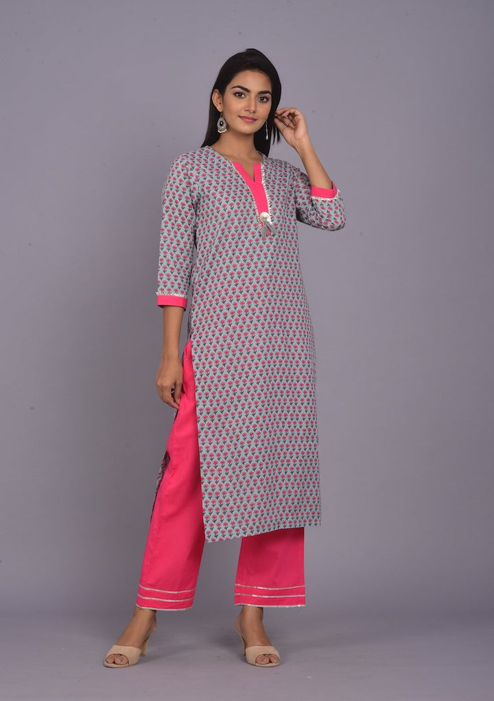 Booti Print Blue And Grey Kurta Pant Set