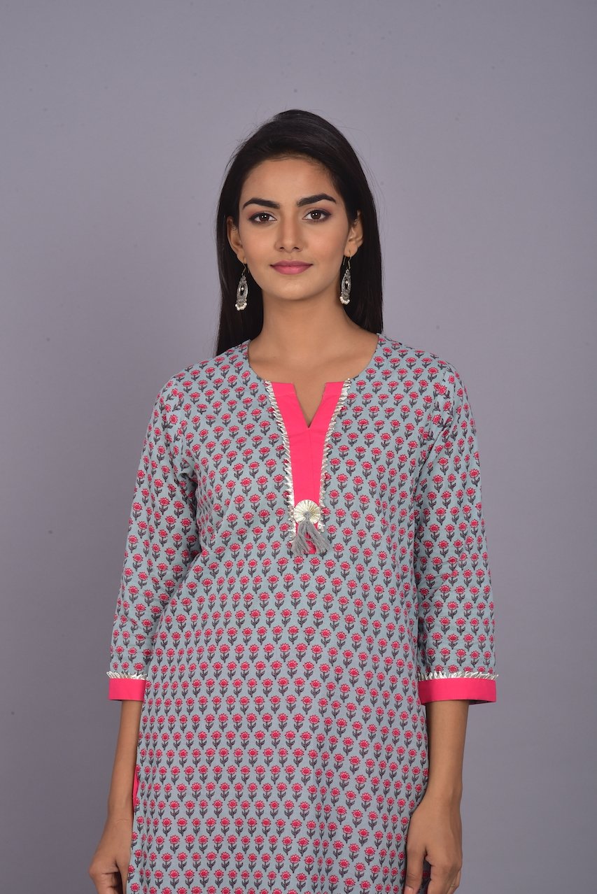 Booti Print Blue And Grey Kurta Pant Set