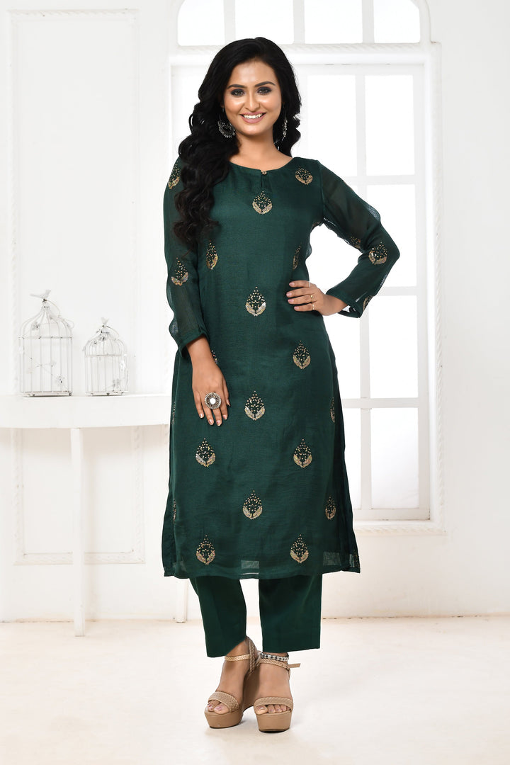 ZERESOUQ-Bottle-Green-Jute-Upada-Sequin-Floral-Kurta-&-Pant-Set
