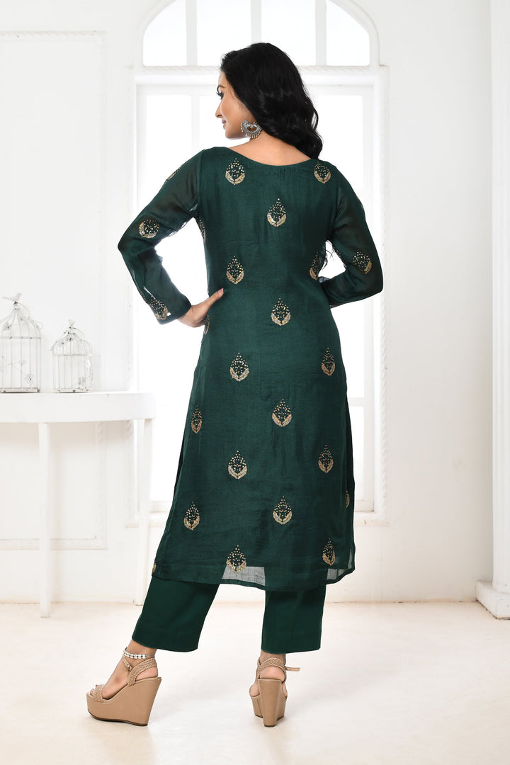 ZERESOUQ-Bottle-Green-Jute-Upada-Sequin-Floral-Kurta-&-Pant-Set