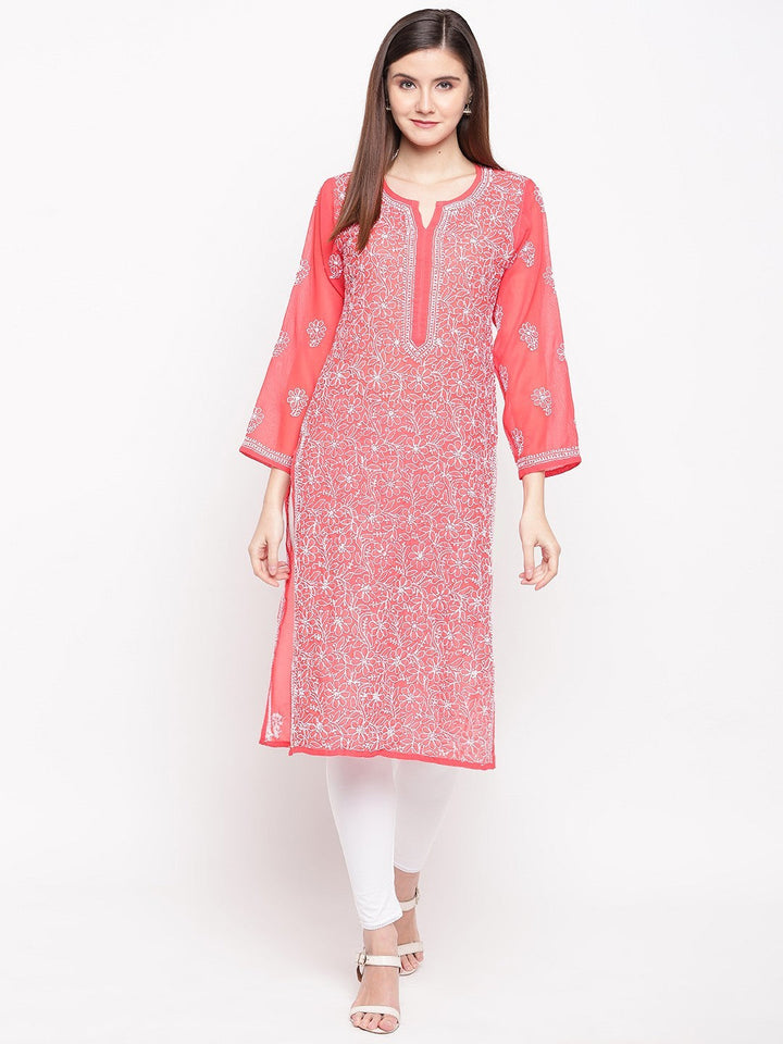 Brick-Red-Georgette-Lucknowi-Chikankari-Kurta