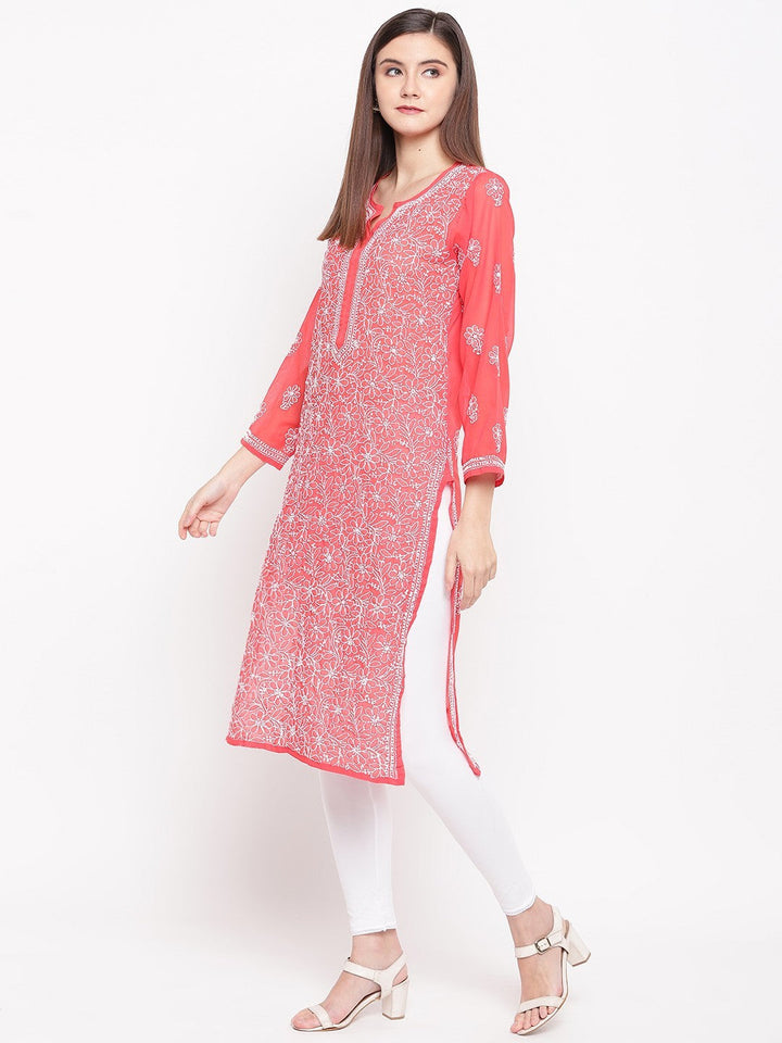 Brick-Red-Georgette-Lucknowi-Chikankari-Kurta
