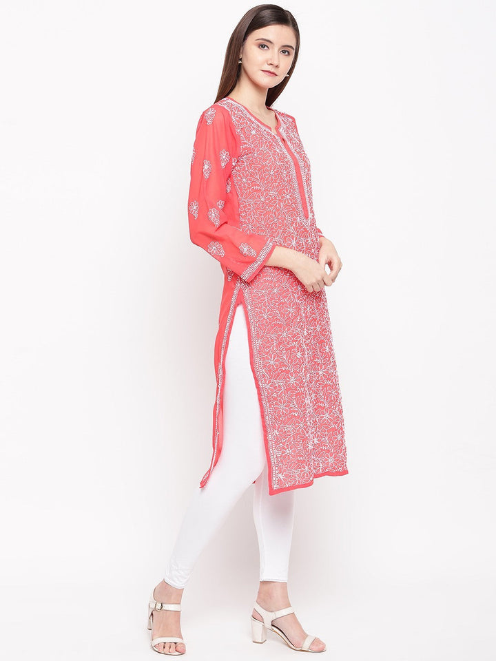 Brick-Red-Georgette-Lucknowi-Chikankari-Kurta