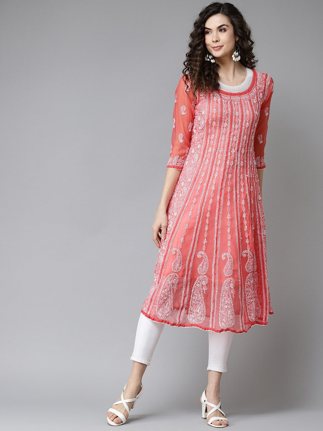 Pink chikankari anarkali kurta clearance