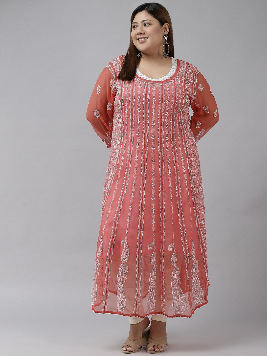 Brick-Red-Georgette-Chikankari-Anarkali-Kurta