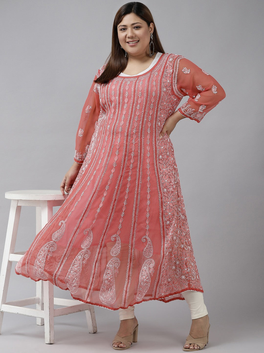 Brick-Red-Georgette-Chikankari-Anarkali-Kurta