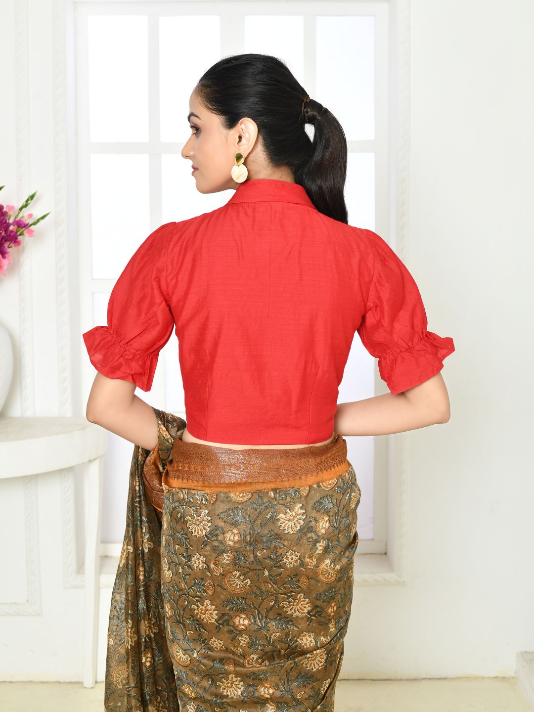Bright Red Mandarin Blouse With Puff Sleeves