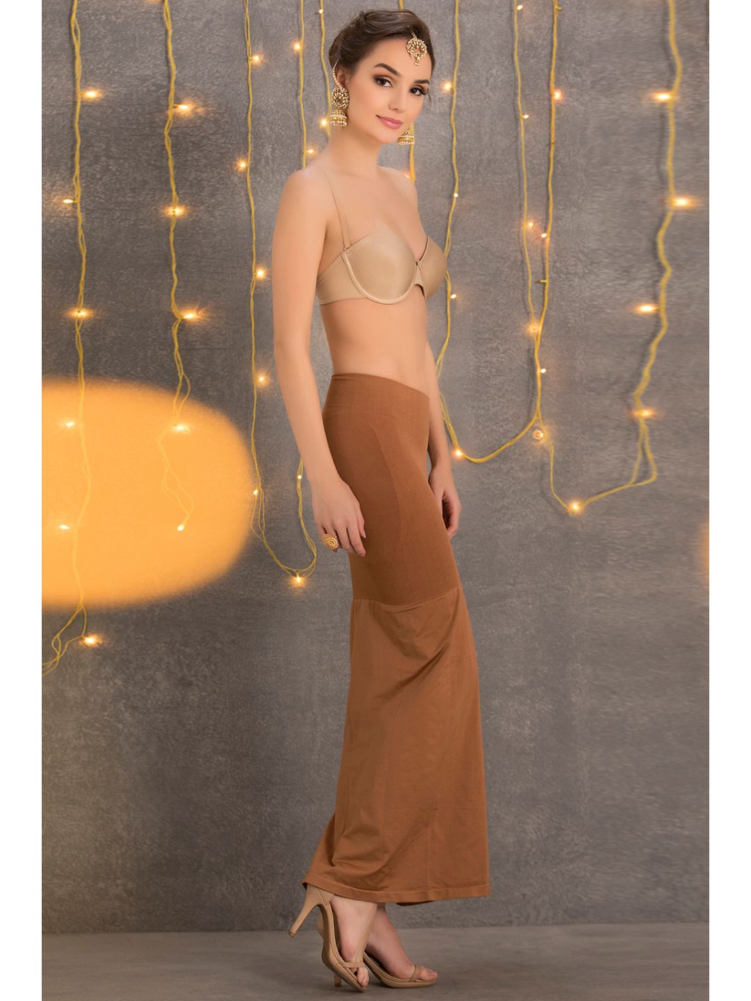 Brown Nylon Spandex Side Slit Saree Shapewear