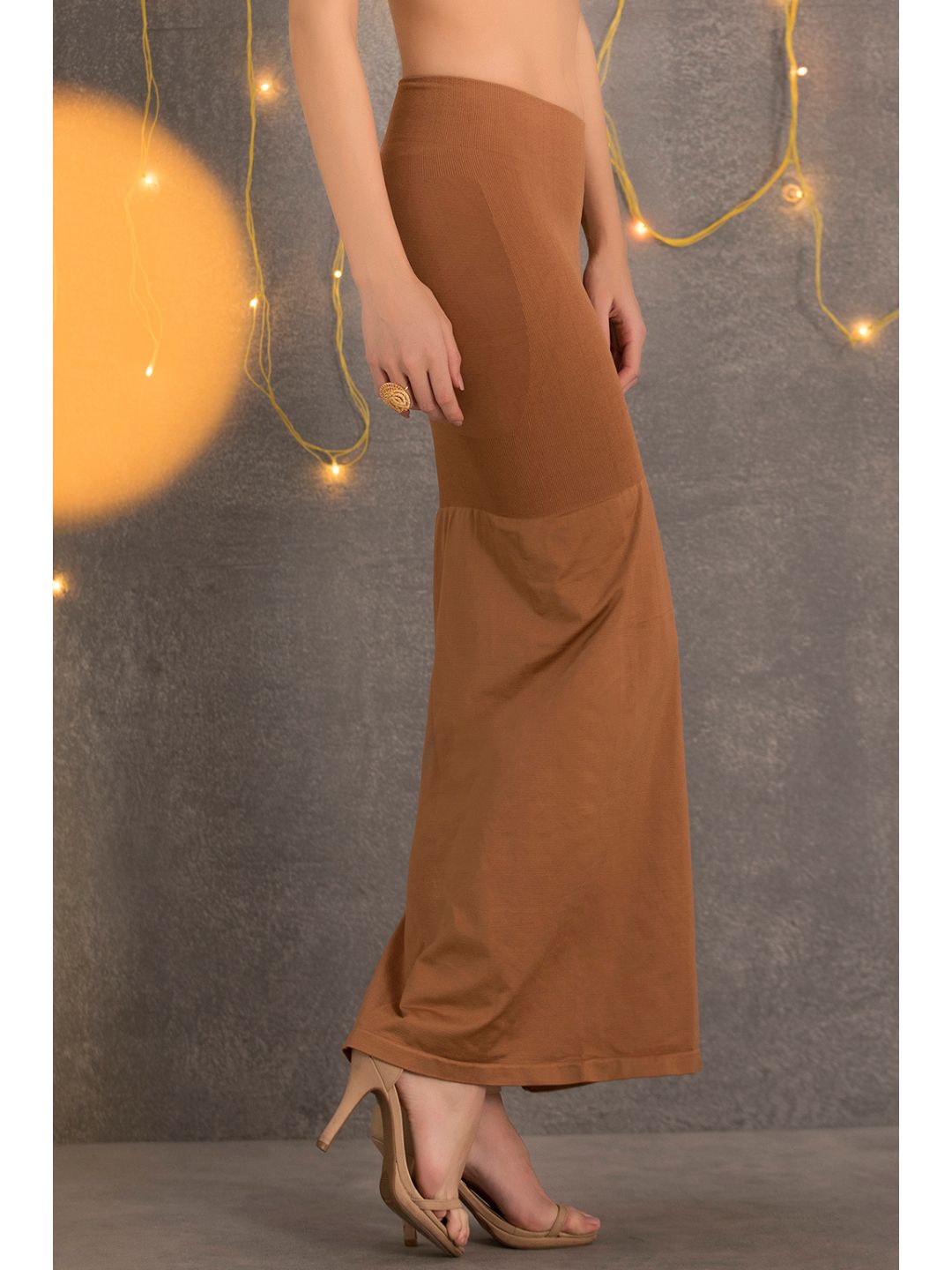 Brown Nylon Spandex Side Slit Saree Shapewear
