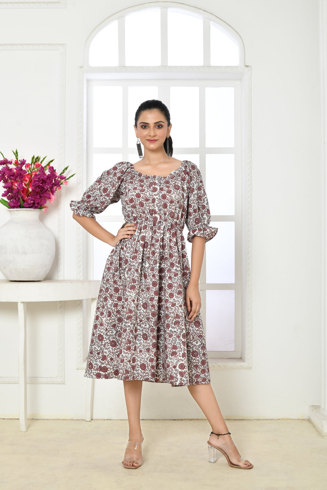 ZERESOUQ-Brown-&-White-Pure-Cotton-Handblock-Print-Midi-Dress