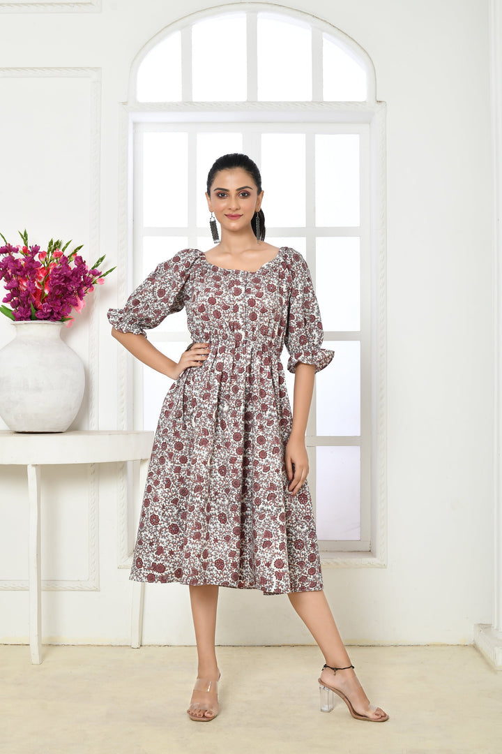 ZERESOUQ-Brown-&-White-Pure-Cotton-Handblock-Print-Midi-Dress