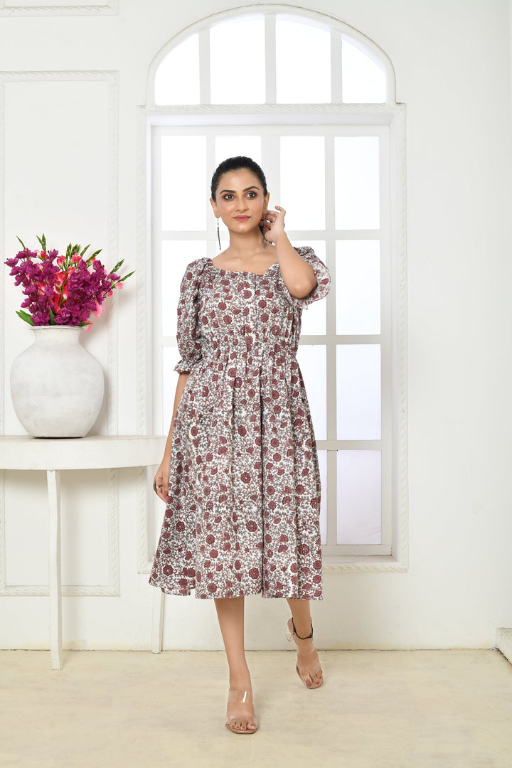 ZERESOUQ-Brown-&-White-Pure-Cotton-Handblock-Print-Midi-Dress