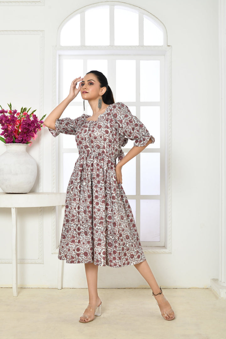 ZERESOUQ-Brown-&-White-Pure-Cotton-Handblock-Print-Midi-Dress
