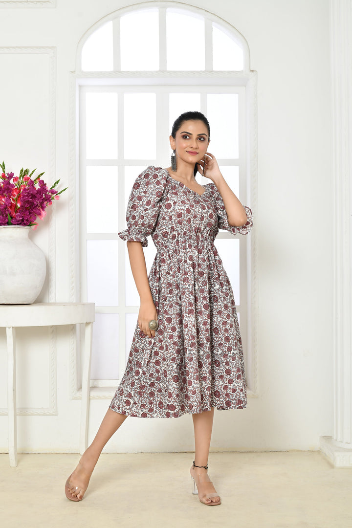 ZERESOUQ-Brown-&-White-Pure-Cotton-Handblock-Print-Midi-Dress