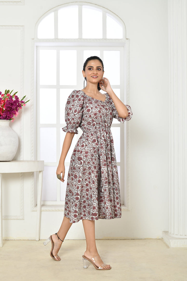 ZERESOUQ-Brown-&-White-Pure-Cotton-Handblock-Print-Midi-Dress